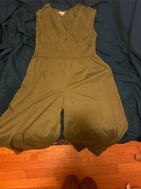 Olive Green Sleeveless Smocked-Waist Jumpsuit